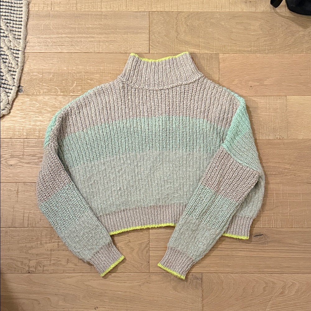 Free People Cropped Striped Turtleneck Sweater in Mint, Beige & Neon Yellow Trim